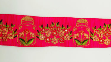 Pink Art Silk Trim With Floral Embroidery & Sequins, Red, Green And Gold Flower Embroidered Trim